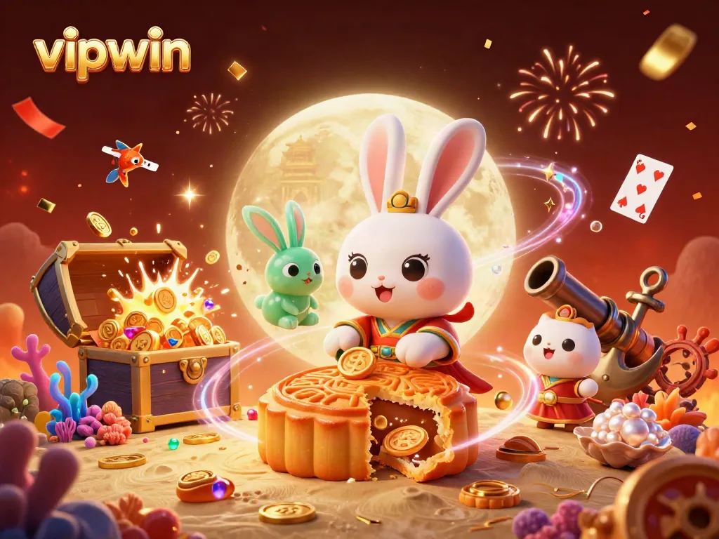 Experience the excitement of vipwin with a lunar-themed gambling illustration featuring magical elements and dynamic characters.