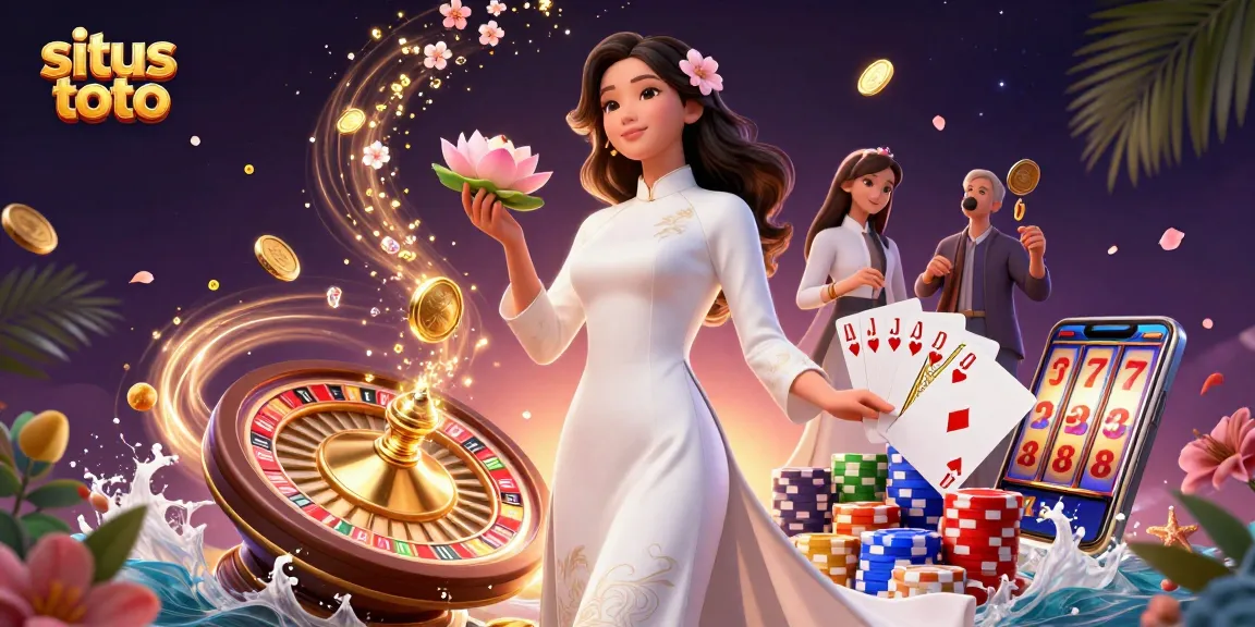 Situs toto features a captivating Asian woman in a casino atmosphere, showcasing elegance and luck amidst dynamic game elements.