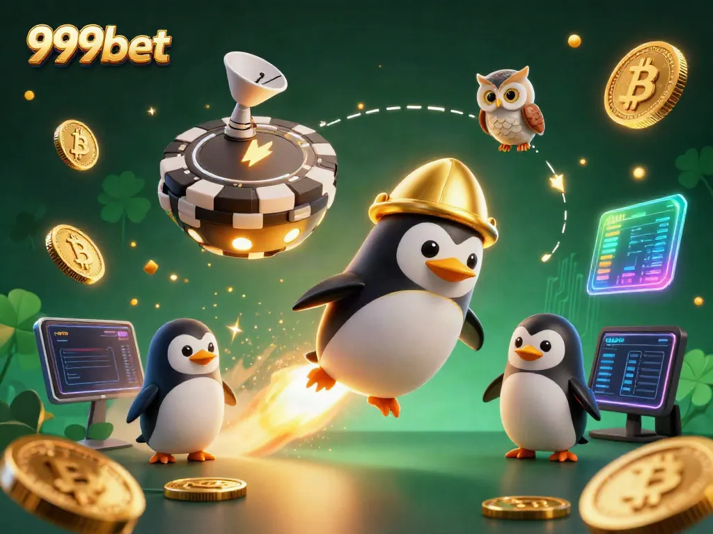 Experience thrilling gaming at 999bet with a vibrant illustration of a penguin soaring towards a casino space station.
