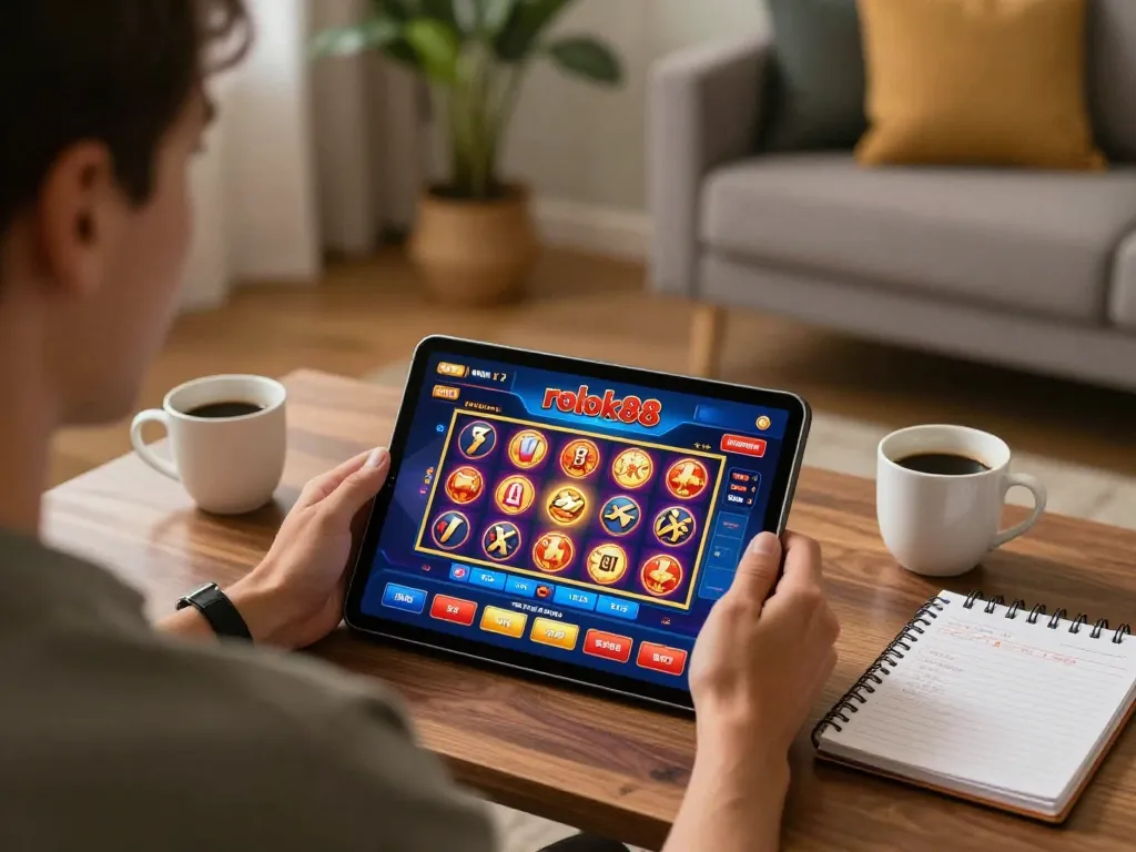 Engaging scene of a player enjoying rokok88 slot games on a tablet in a cozy home setting.