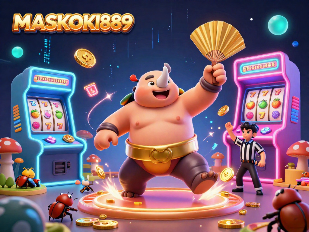 Experience the thrill of MASKOKI889 with our sumo beetle champion amidst colorful casino elements.