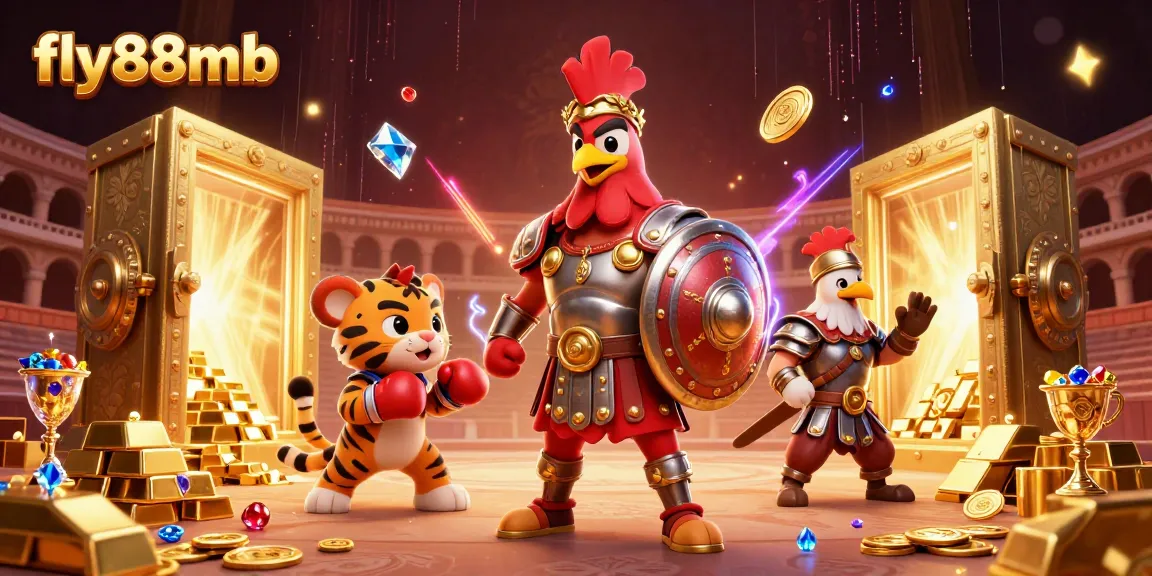 Engage with fly88mb's thrilling casino experience featuring a gladiator rooster and treasure-filled arena.