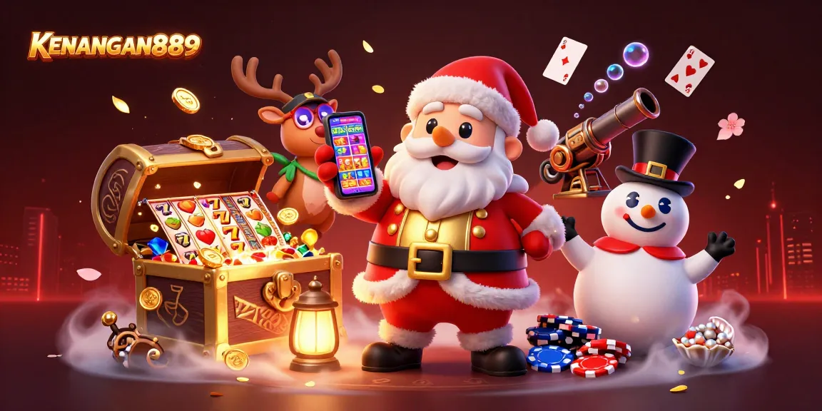 Play slots and win jackpots at KENANGAN889 with festive characters in a vibrant casino illustration.