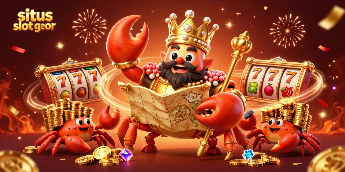 Play winning games at situs slot gacor, featuring a golden crab emperor amidst a vibrant casino scene.