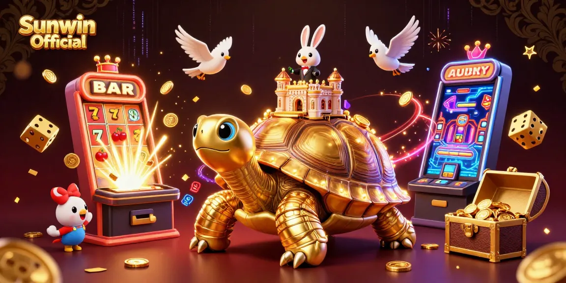 Experience excitement with Sunwin Official's vibrant casino elements and golden rewards in a dynamic scene.