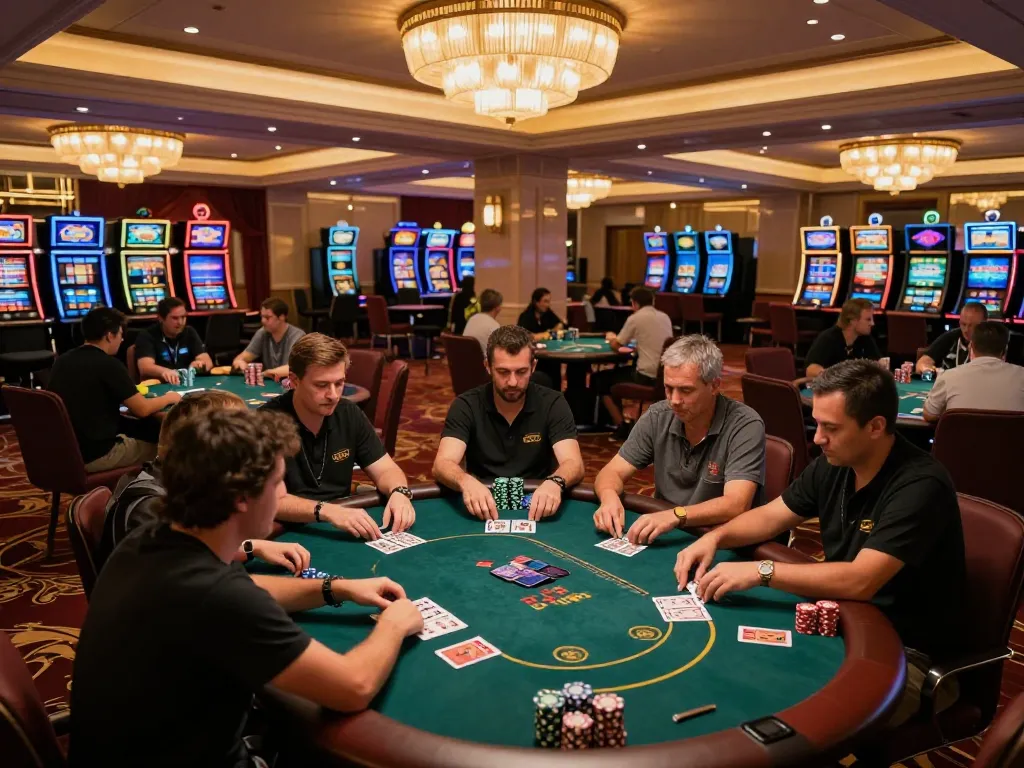 Players engaging in intense poker gameplay at qh88go casino with ambient luxury lighting