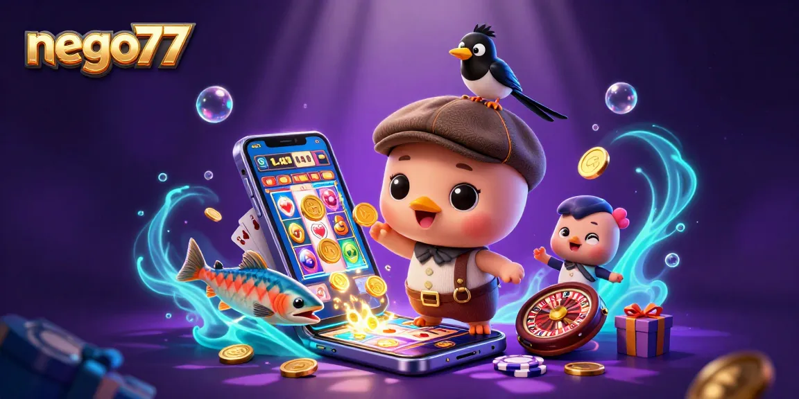 Experience exciting slots with nego77's captivating 3D illustrated casino scene.