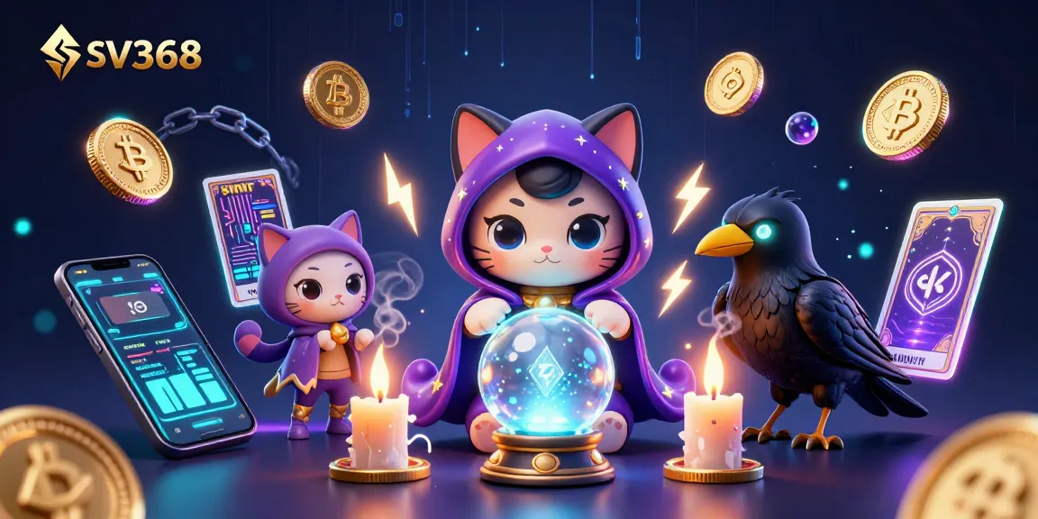 Join the magic of SV368 with a fortune teller cat and raven in a digital casino scene.
