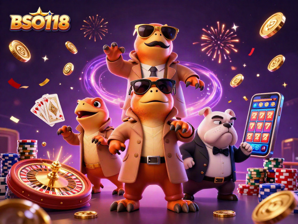 BSO118 highlights raptors in a trench coat entering a VIP casino, surrounded by dazzling slot machines.