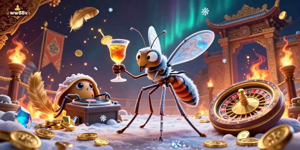 Experience the thrilling ambiance of the WW88v casino with a lively scene featuring a frozen mosquito mascot, trilobite DJ, and golden roulette.