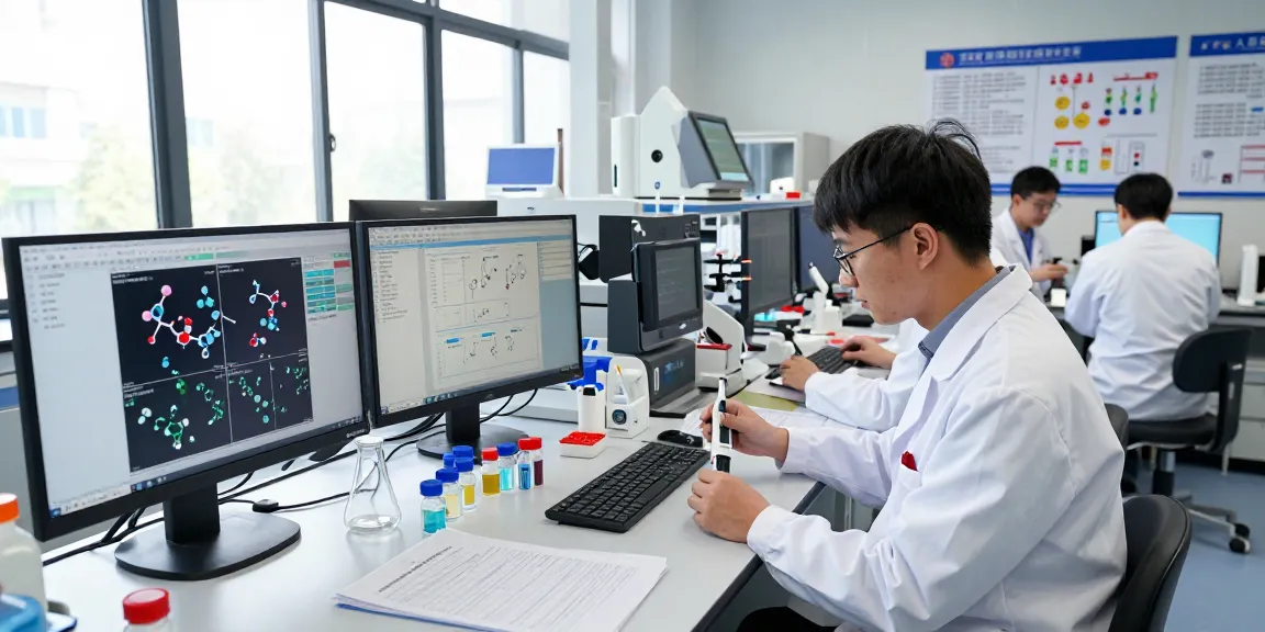 View the catalog of premium peptides in a cutting-edge research lab with scientists analyzing vials and data.