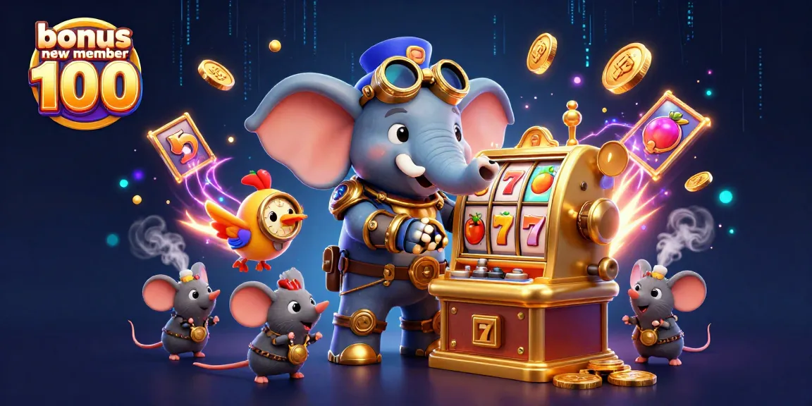 Engage with bonus new member 100 at a dynamic casino scene featuring a steampunk elephant and slot game symbols.