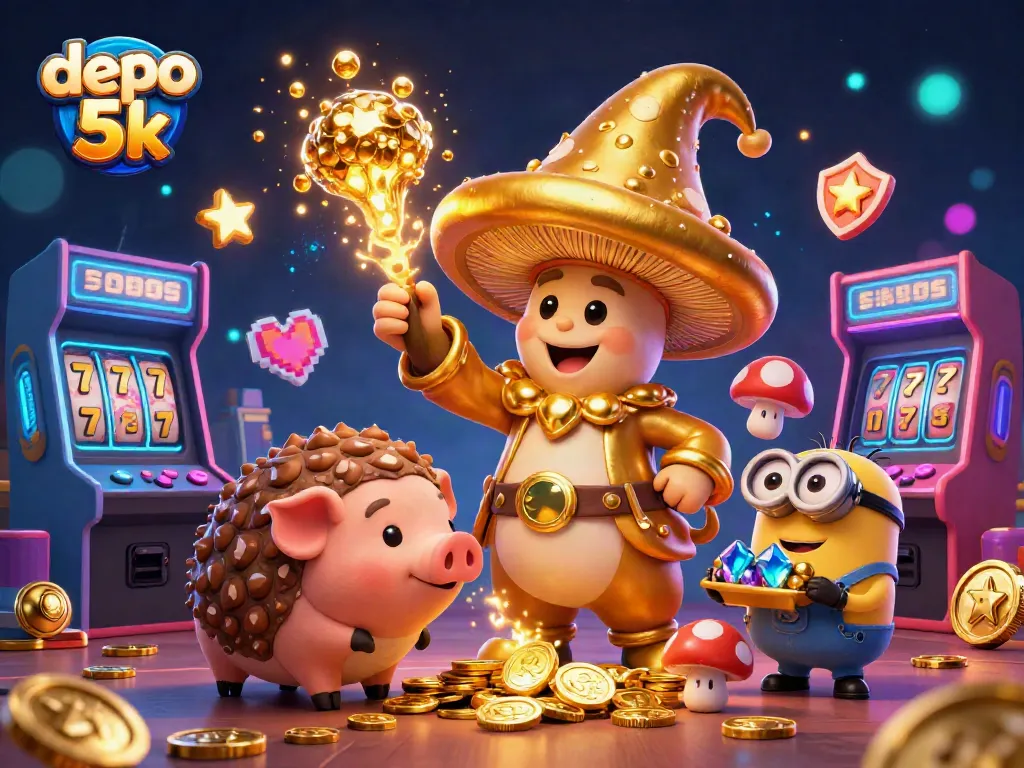 Experience the magic of depo 5k with a golden wizard and treasure-hunting pig in a vibrant casino scene.