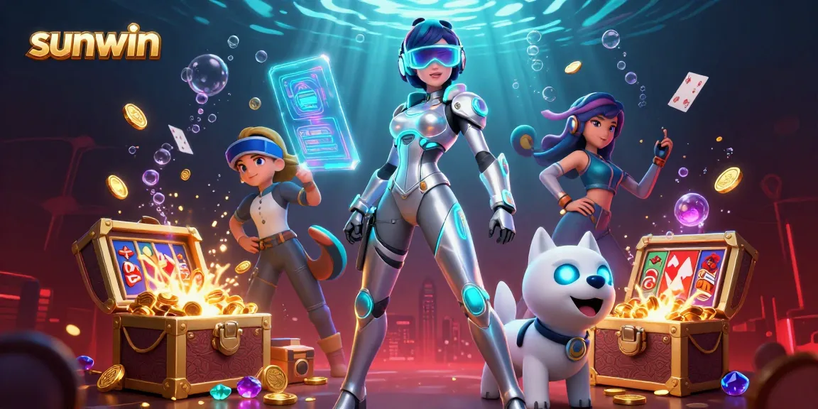 Engage with sunwin's dynamic gaming experience featuring a futuristic woman and a robot dog amidst slots and vibrant visuals.