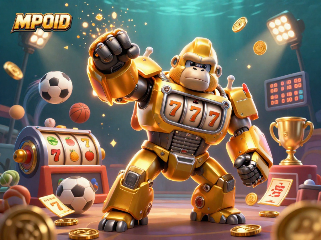 MPOID presents a vibrant 3D illustration featuring a golden gorilla mech and explosive casino elements enhancing the gaming experience.