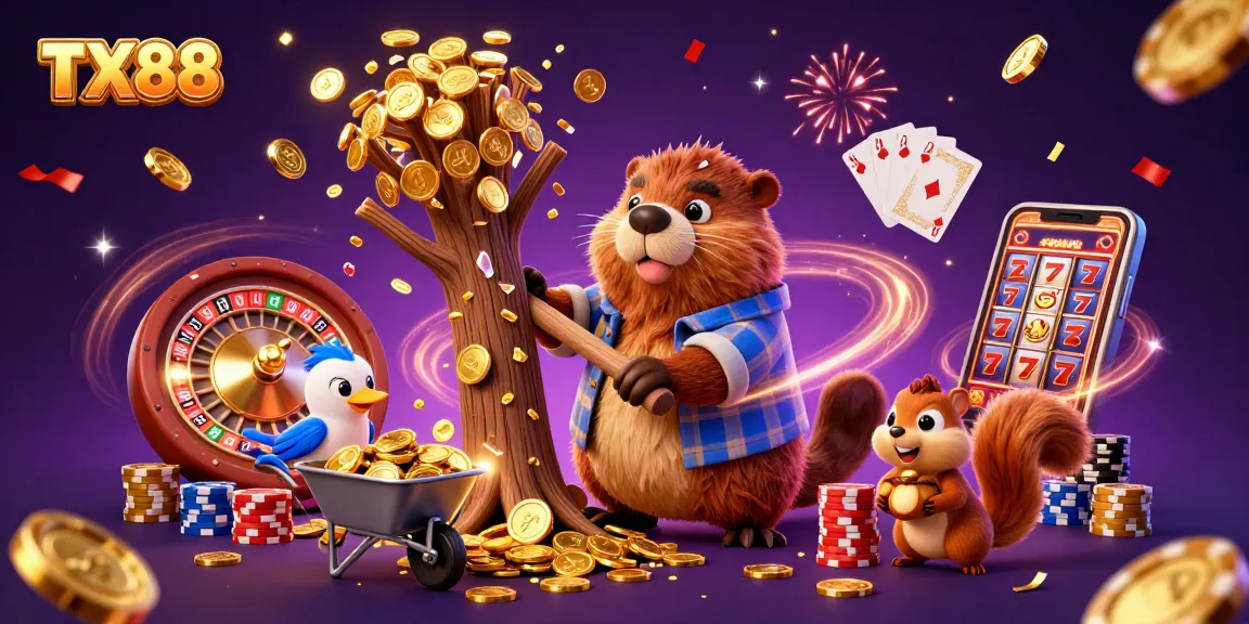 Experience wins at TX88 with golden coins raining down in a vibrant casino scene.
