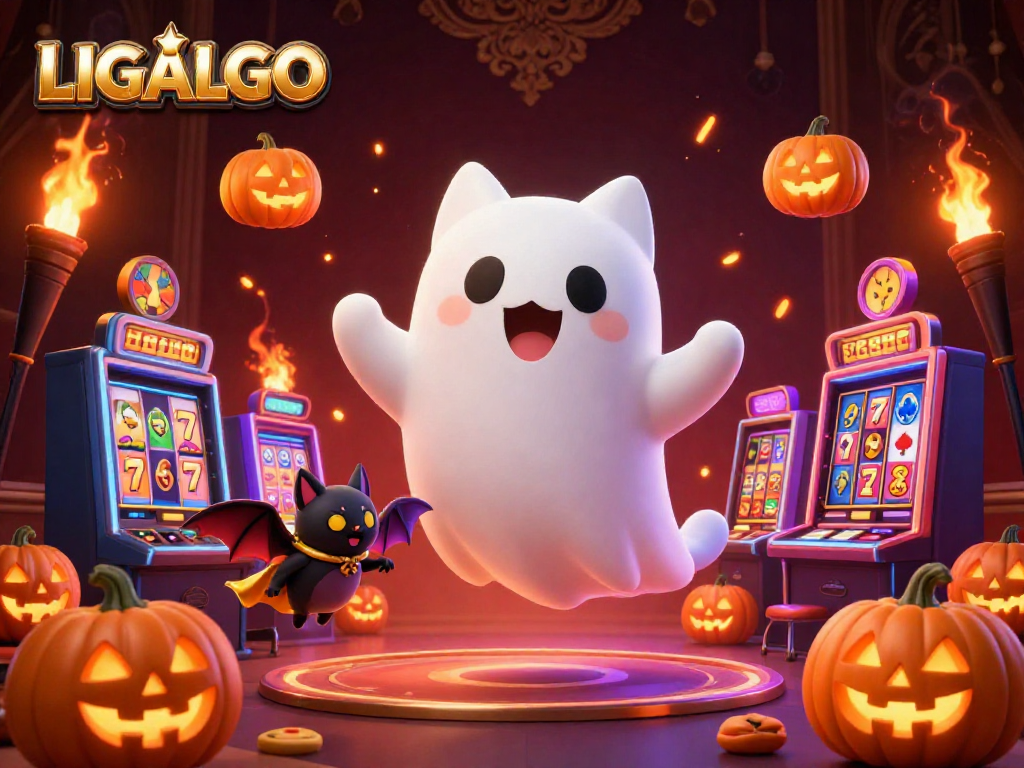 LIGALGO showcases an exciting ghostly scene in a casino with vibrant slot elements and spooky characters.