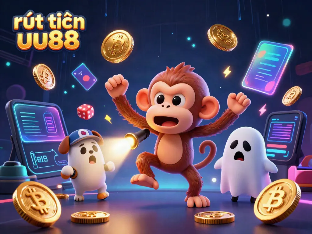 Experience rút tiền uu88 seamlessly as our cartoon monkey juggles coins in a haunted casino environment.