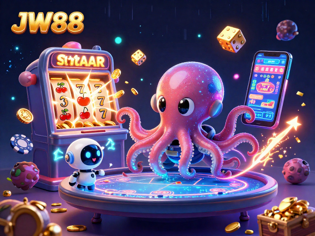 JW88 showcases an alien octopus operating a holographic poker table amid vibrant casino elements.