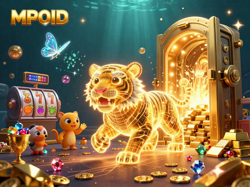 Spin and win with MPOID in a vibrant casino scene filled with golden treasures and slot symbols.