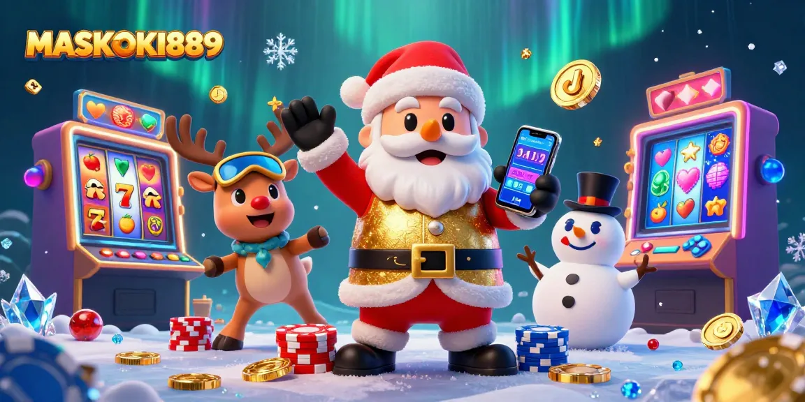 Engage with MASOKI889's festive 3D scene showcasing colorful jackpot slots and playful characters.