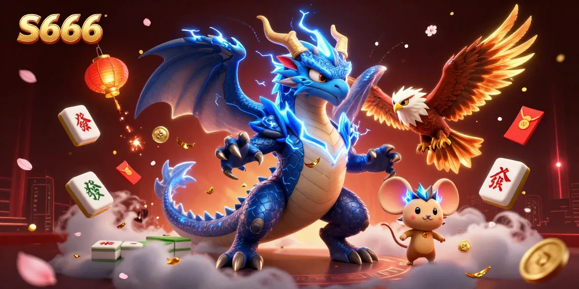 Experience the thrill of S666 with a powerful thunder dragon and vibrant game elements in this immersive scene