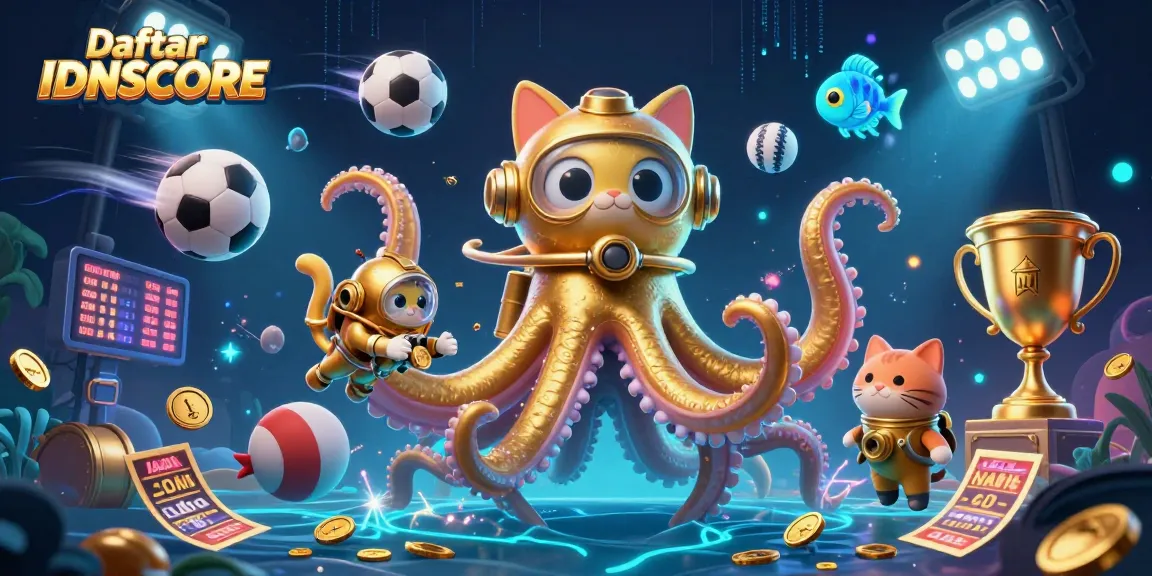 Engage with Daftar IDNSCORE for thrilling online gambling action featuring a dynamic kraken and diving cat