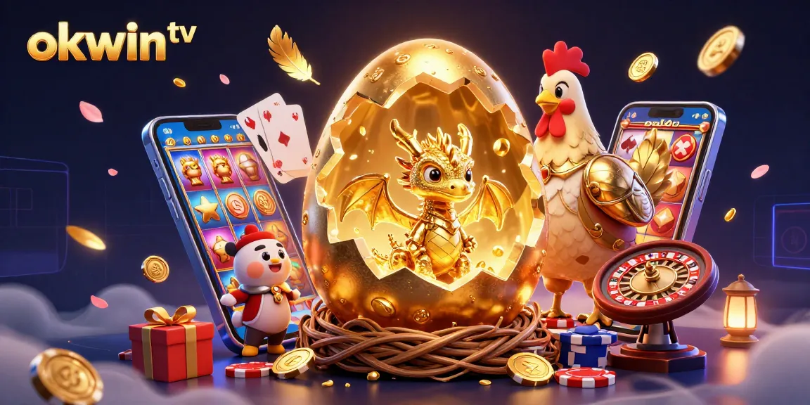 Engage with okwin tv's exciting world of gaming featuring a golden dragon and poker chips.