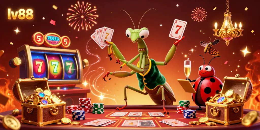 Experience the excitement at lv88 with a whimsical casino scene featuring a card sharp and vibrant gaming elements.