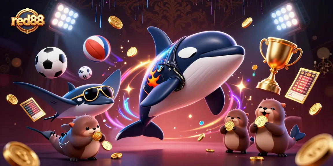 Experience the thrill of red88 with an orca and otters in a vibrant casino scene filled with sports elements.