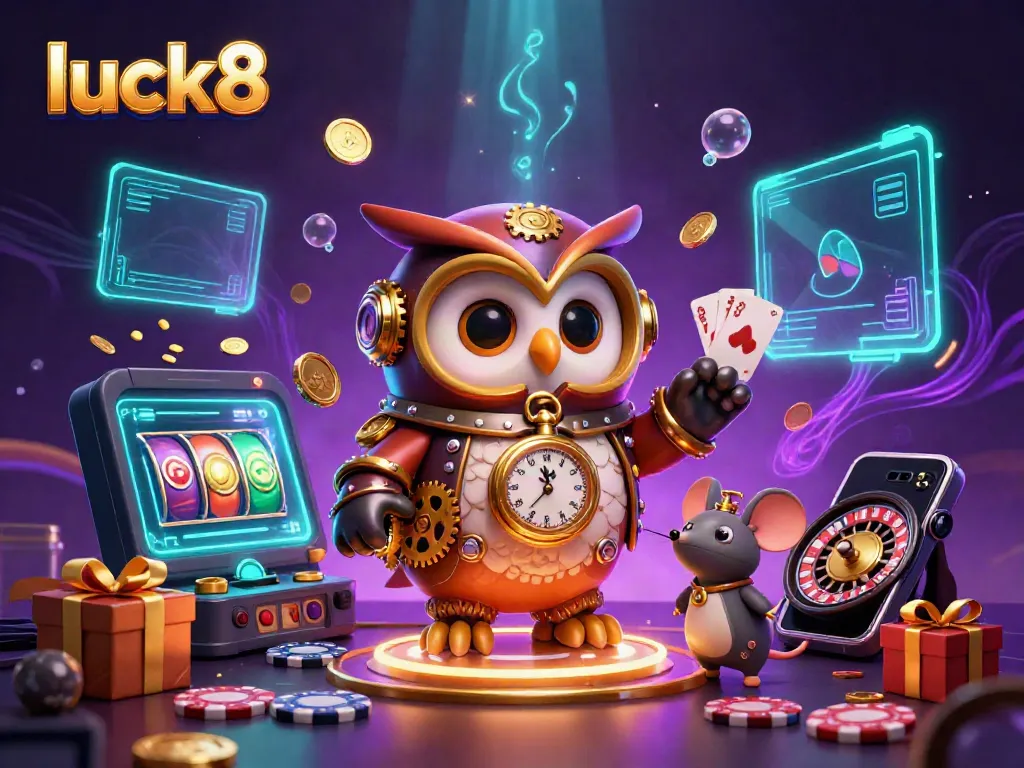 Experience luck8 with immersive casino scenes featuring a steampunk owl and lively gaming action.