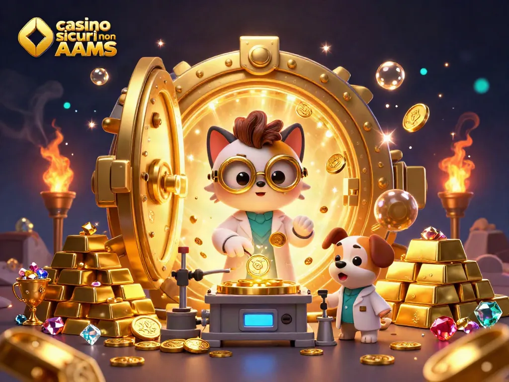 Crea la tua fortuna nei casino sicuri non AAMS con questa illustrazione vivace di un gatto scienziato e il suo assistente, circondati da oro e gioielli.
