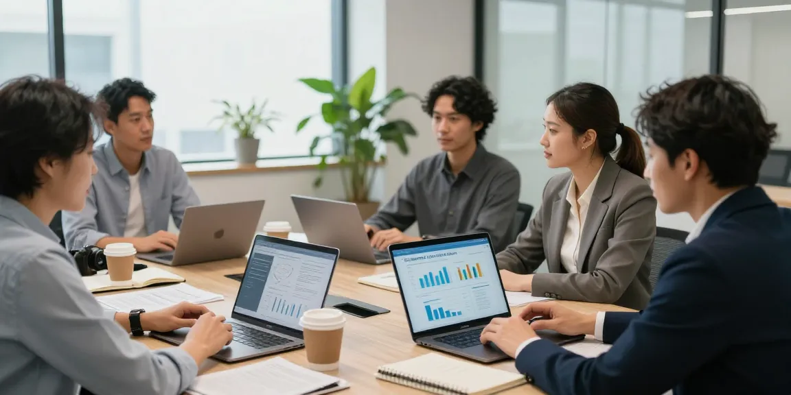 Team of small business owners discussing a merchant cash advance for small business in a modern office setting
