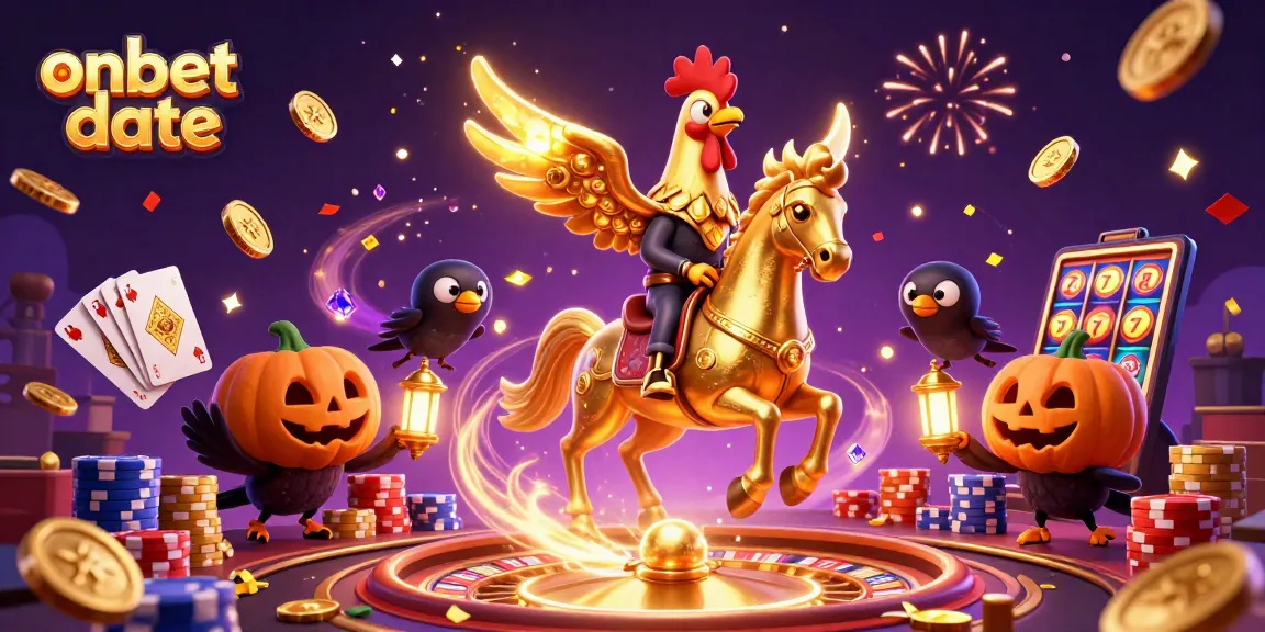 Experience thrilling gaming with onbet date's dazzling 3D casino scene of golden rooster and spooky companions.