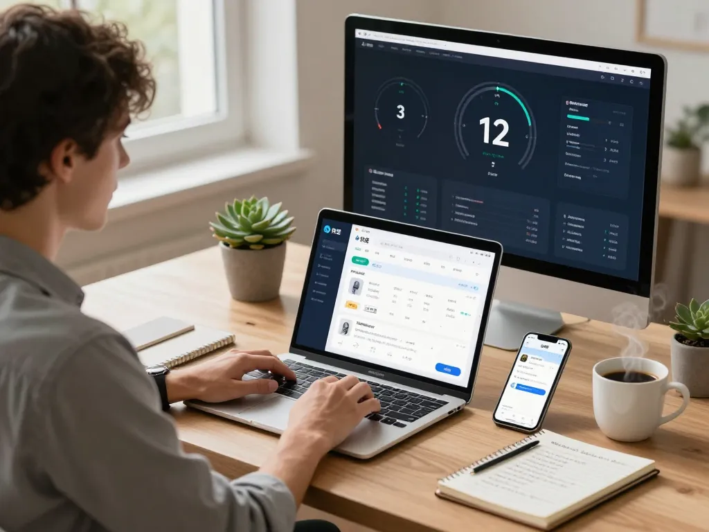快连 application interface on a laptop in a cozy home office, showcasing a seamless internet experience.