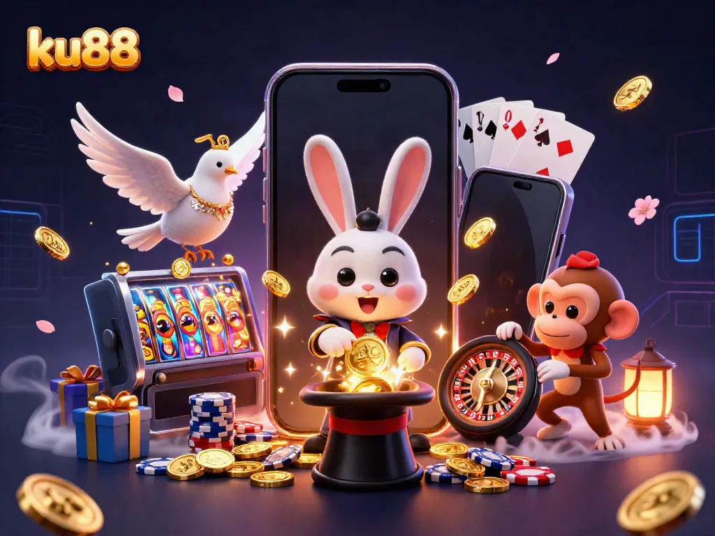 Engage with ku88's vibrant casino world as the magician rabbit showcases golden coins and poker chips.