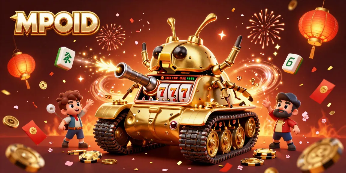 MPOID offers a lively casino experience with a golden beetle tank showcasing vibrant slot games and festive decorations.