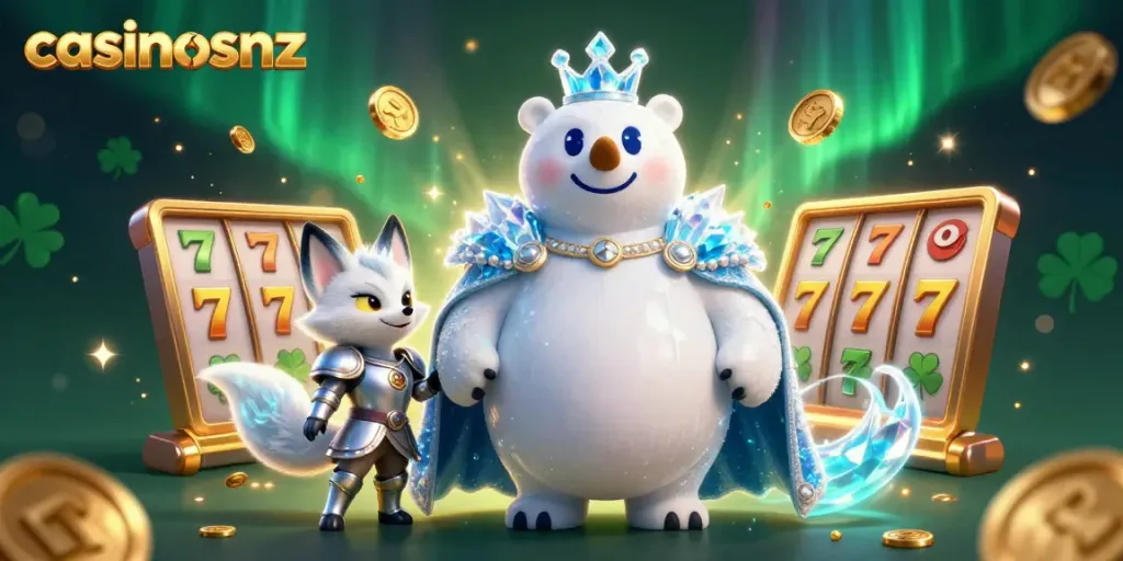 Play exciting slots at casinosnz with a snowy polar bear and fox, celebrating jackpots!