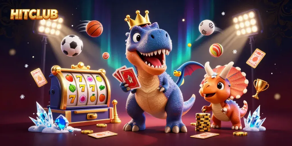 Experience lively gaming at HITCLUB with whimsical T-Rex and friends amidst vibrant slot reels and dynamic sports balls.