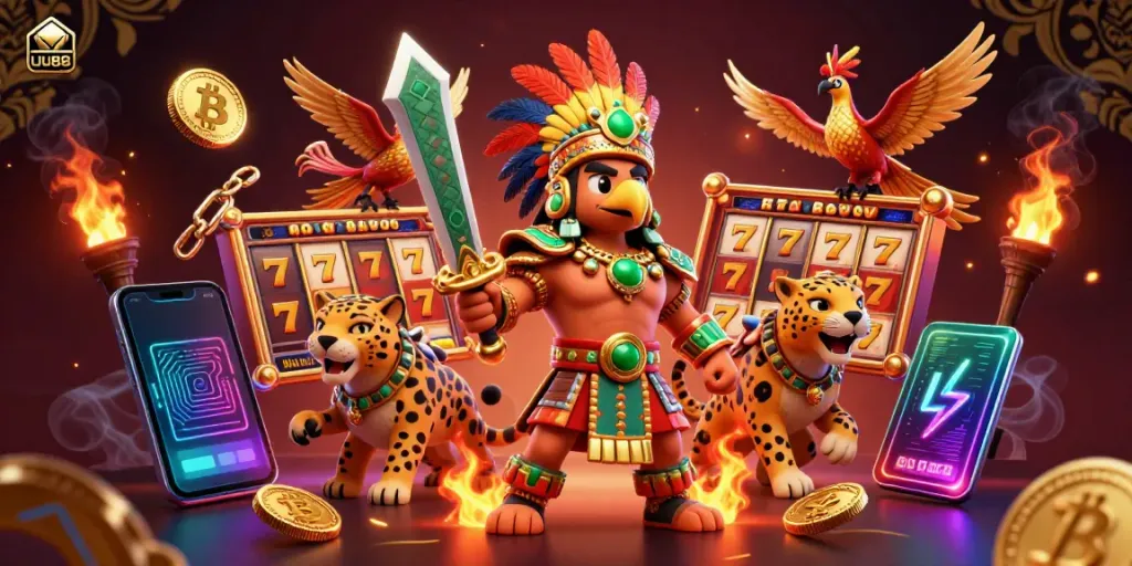 Bet on slots with UU88 featuring a dynamic Aztec warrior scene, colorful coins, and vibrant gaming elements.