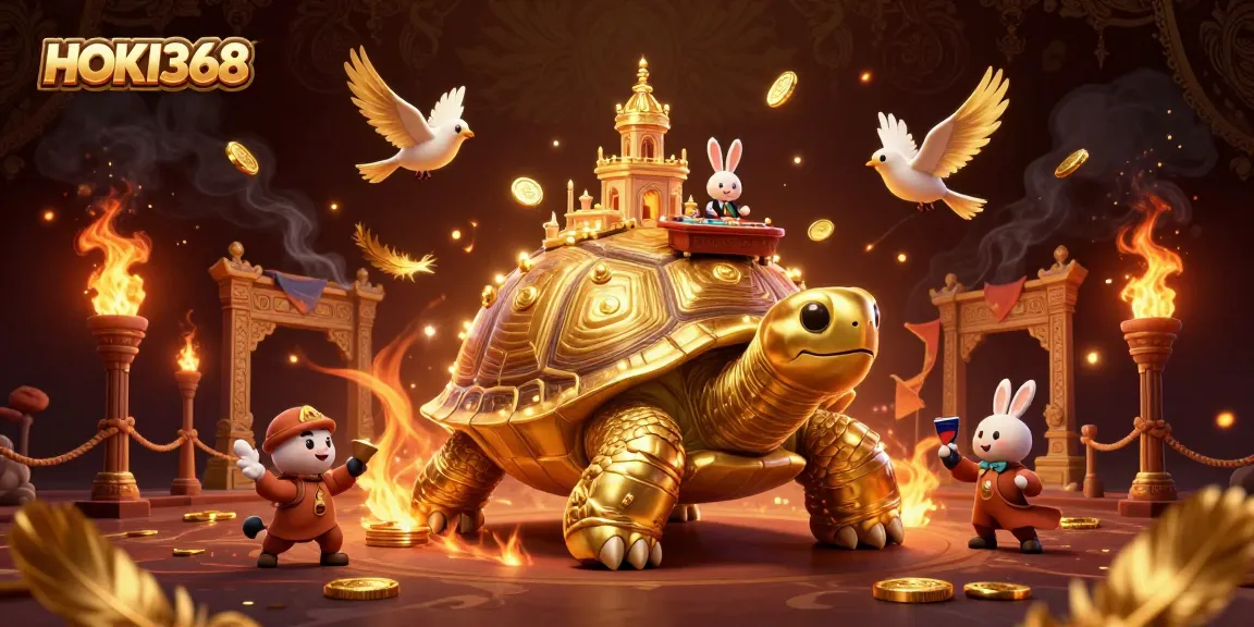 Experience HOKI368's vibrant casino scene featuring a golden tortoise and rabbit dealer.