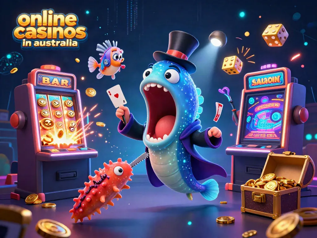 Experience thrilling online casinos in Australia with a captivating 3D illustration of deep-sea characters enjoying casino games.