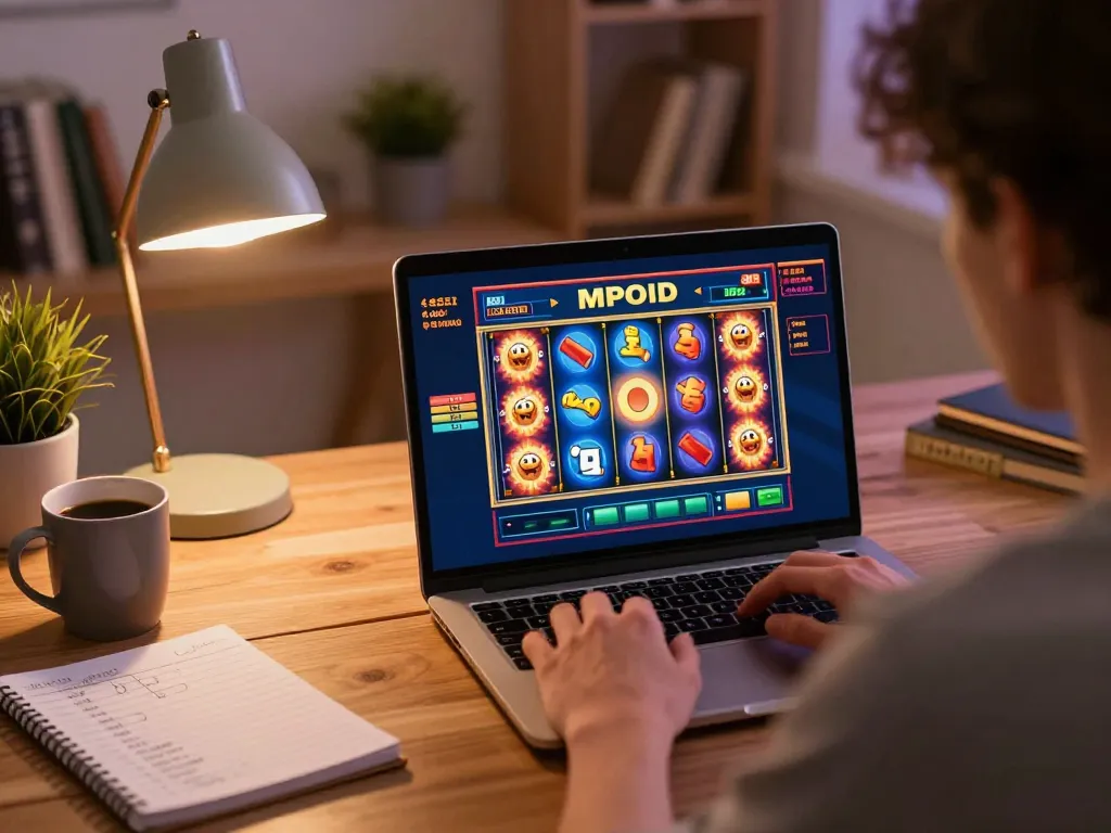 Player engaging with mpoid slot online game in cozy home office, highlighting strategic gaming elements.