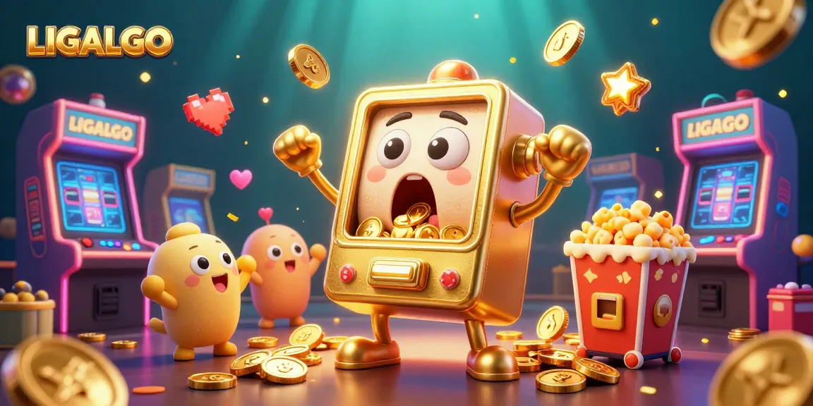 LIGALGO showcases a cheerful golden slot machine celebrating a jackpot with coins flying, illustrating online slot excitement.