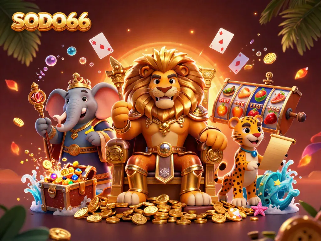 SODO66 rumbles with exciting slot machines, guided by regal characters in a vibrant casino scene.