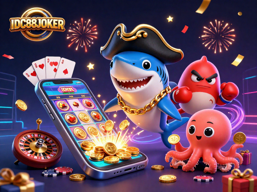 Experience thrilling wins with IDC88JOKER's dynamic 3D casino illustration featuring engaging characters and vibrant game elements.