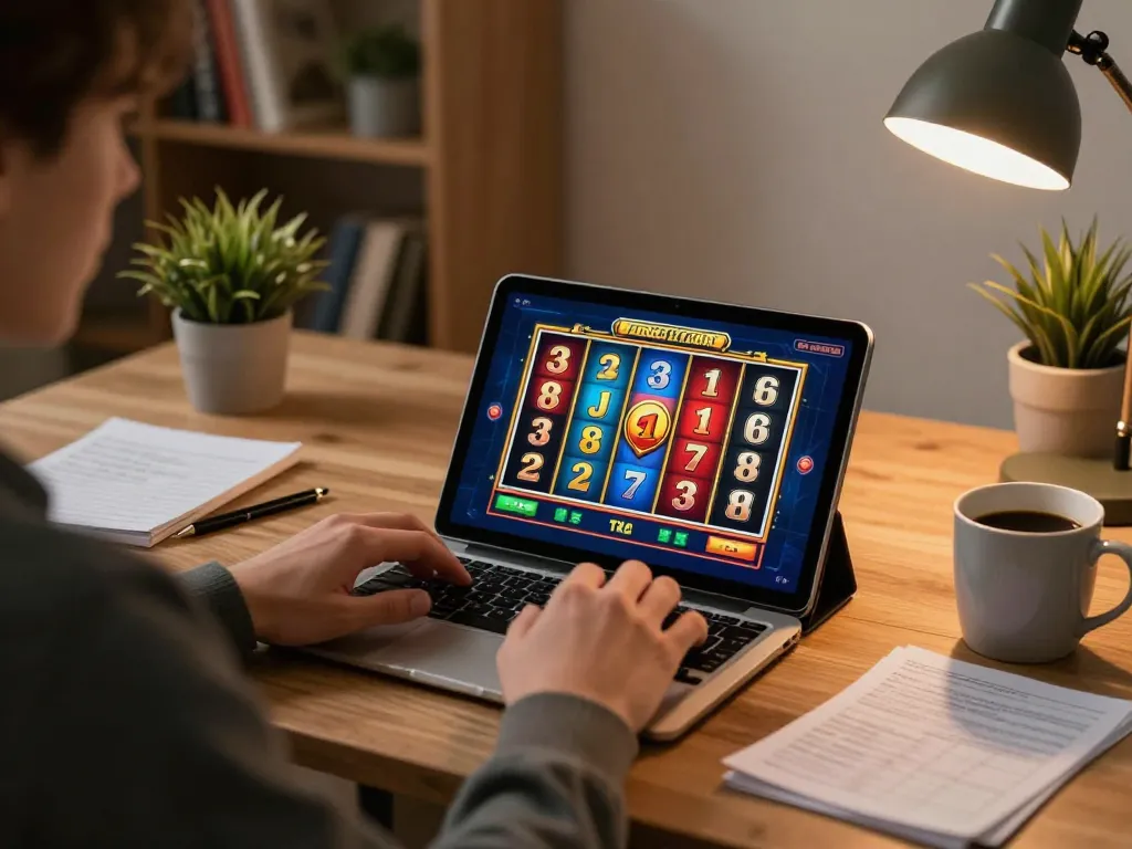 Enjoying a thrilling Demo Slot experience on a tablet, aligning vibrant reels for a potential win.