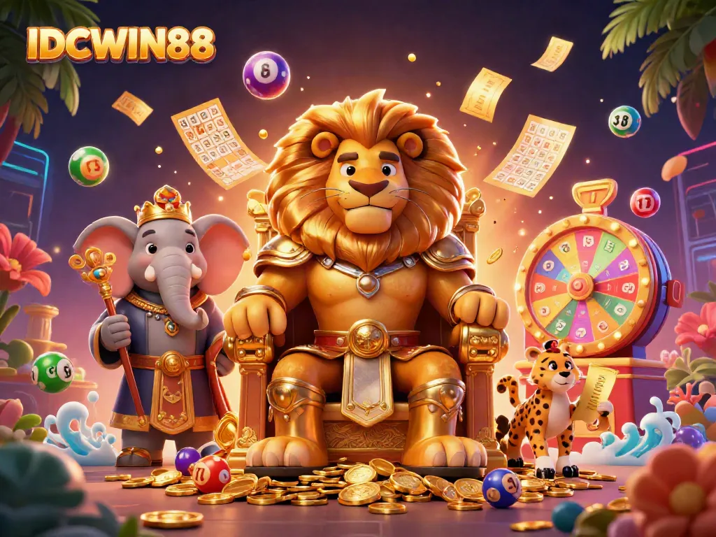 Engage with IDCWIN88 as colorful lottery elements burst from a majestic scene of gaming royalty.