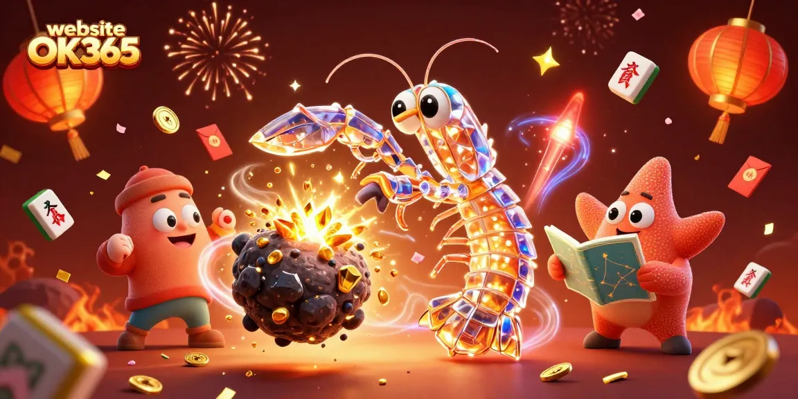 Experience the thrilling vibes of website OK365 with a vibrant 3D casino illustration featuring dynamic characters.