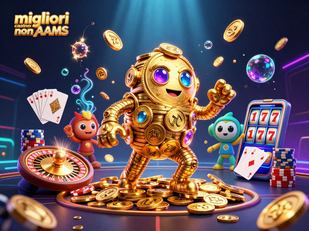 Immagine dei migliori casino non AAMS con un golem d'oro e giochi d'azzardo luminosi